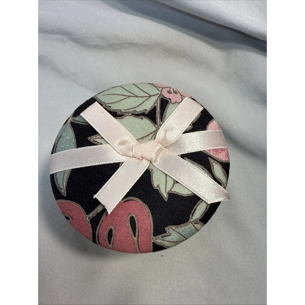 Vintage Round Floral Fabric Covered Trinket Box Made in Taiwan Padded Lid Bow